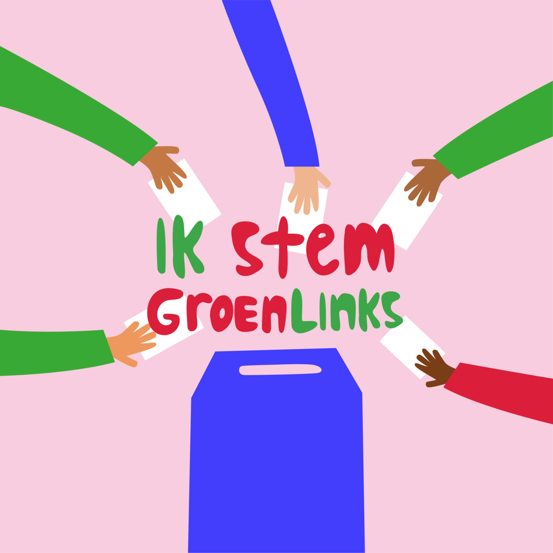 Een illustratie van verschillende handen die een stem in een stembus gooien. Erop staat de tekst Ik stem GroenLinks