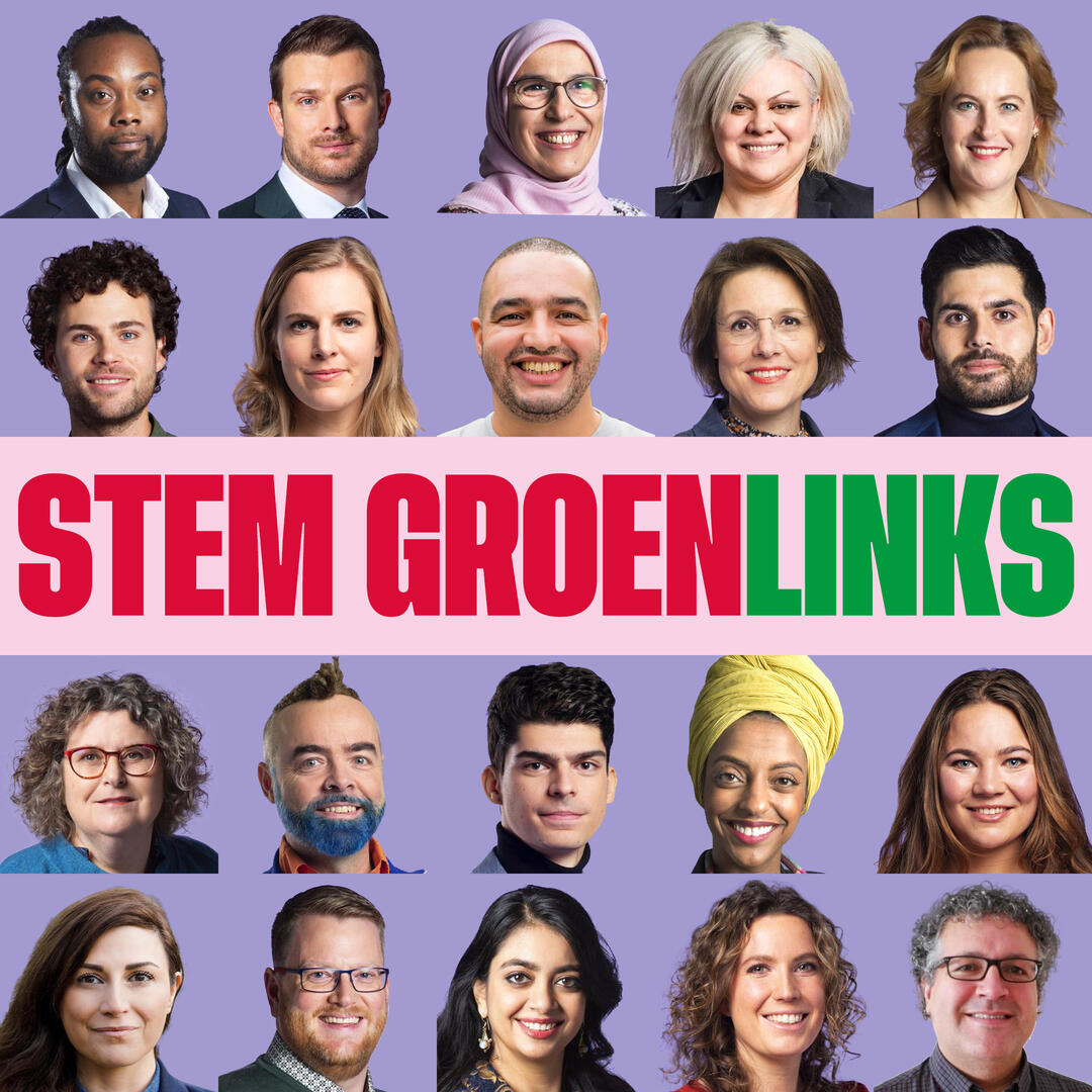 De nummer 21-40 kandidaat kamerleden van GroenLinks in een collagefoto met Stem groenLinks erop