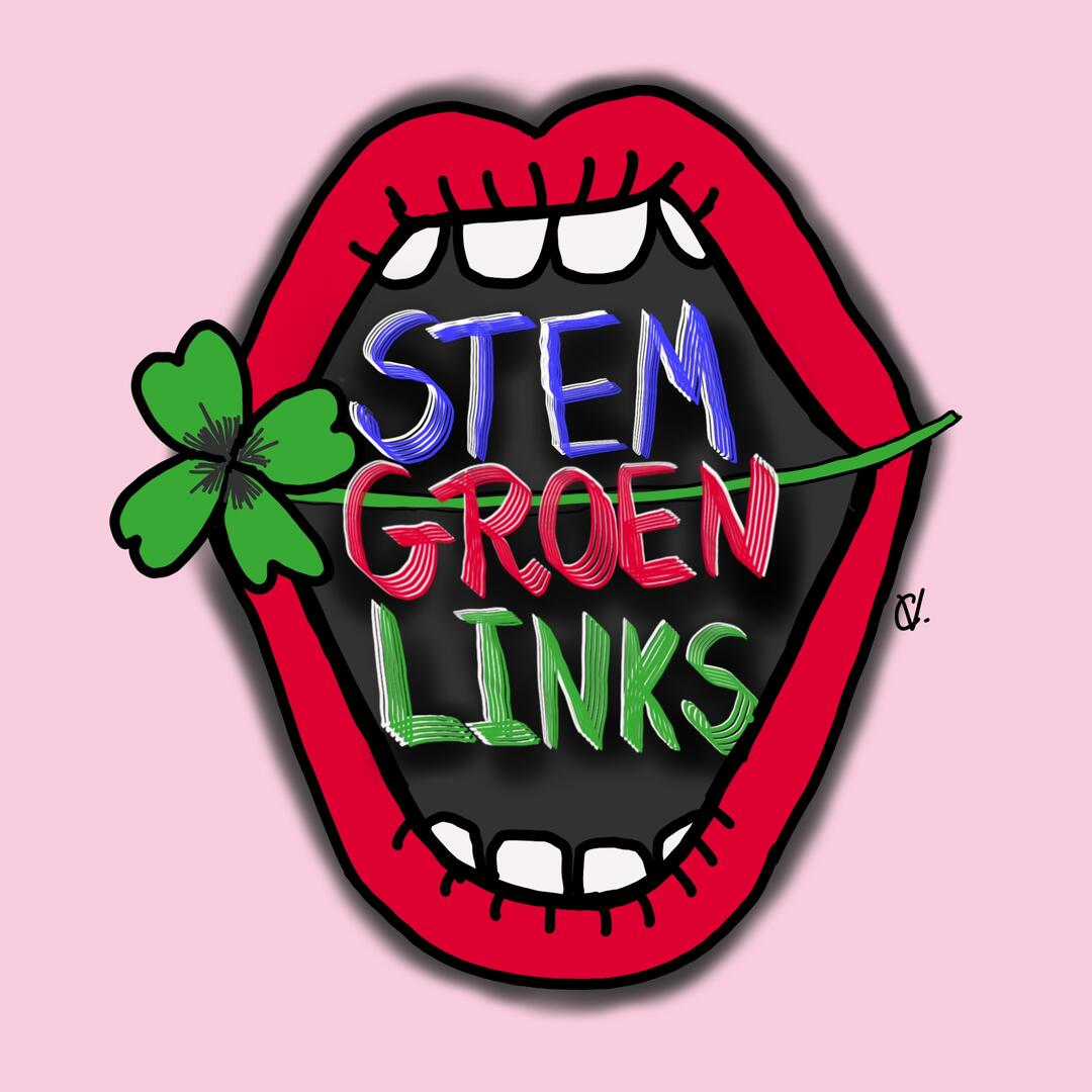 Een tekening van een mond waarin staat Stem GroenLinks. En een klavertje vier is erbij getekend.
