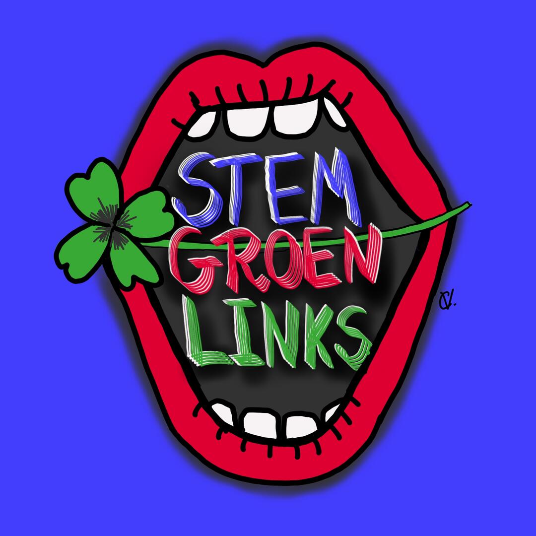 Een tekening van een mond waarin staat Stem GroenLinks. En een klavertje vier is erbij getekend.