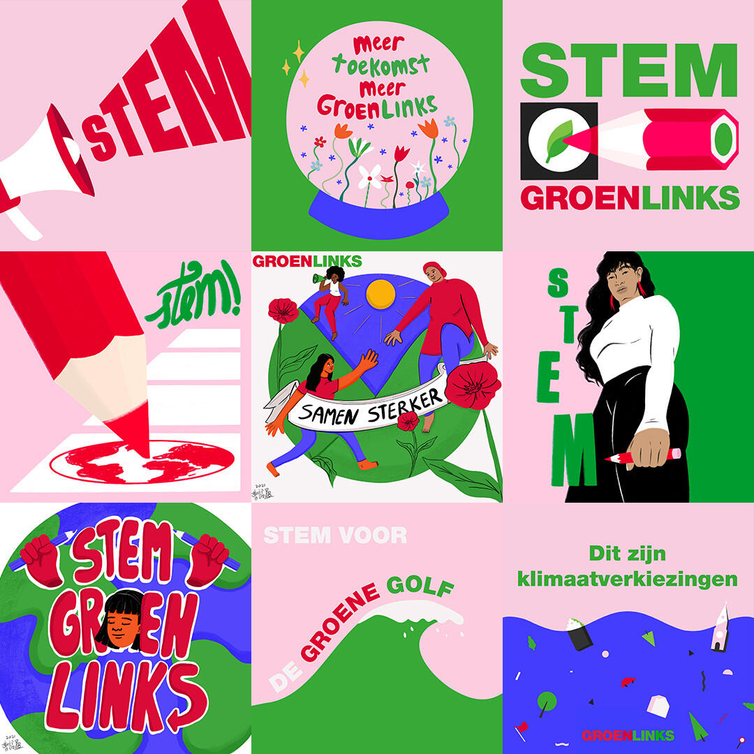 Een collagebeeld met allerlei illustraties over klimaat, stemmen, aarde, en GroenLinks