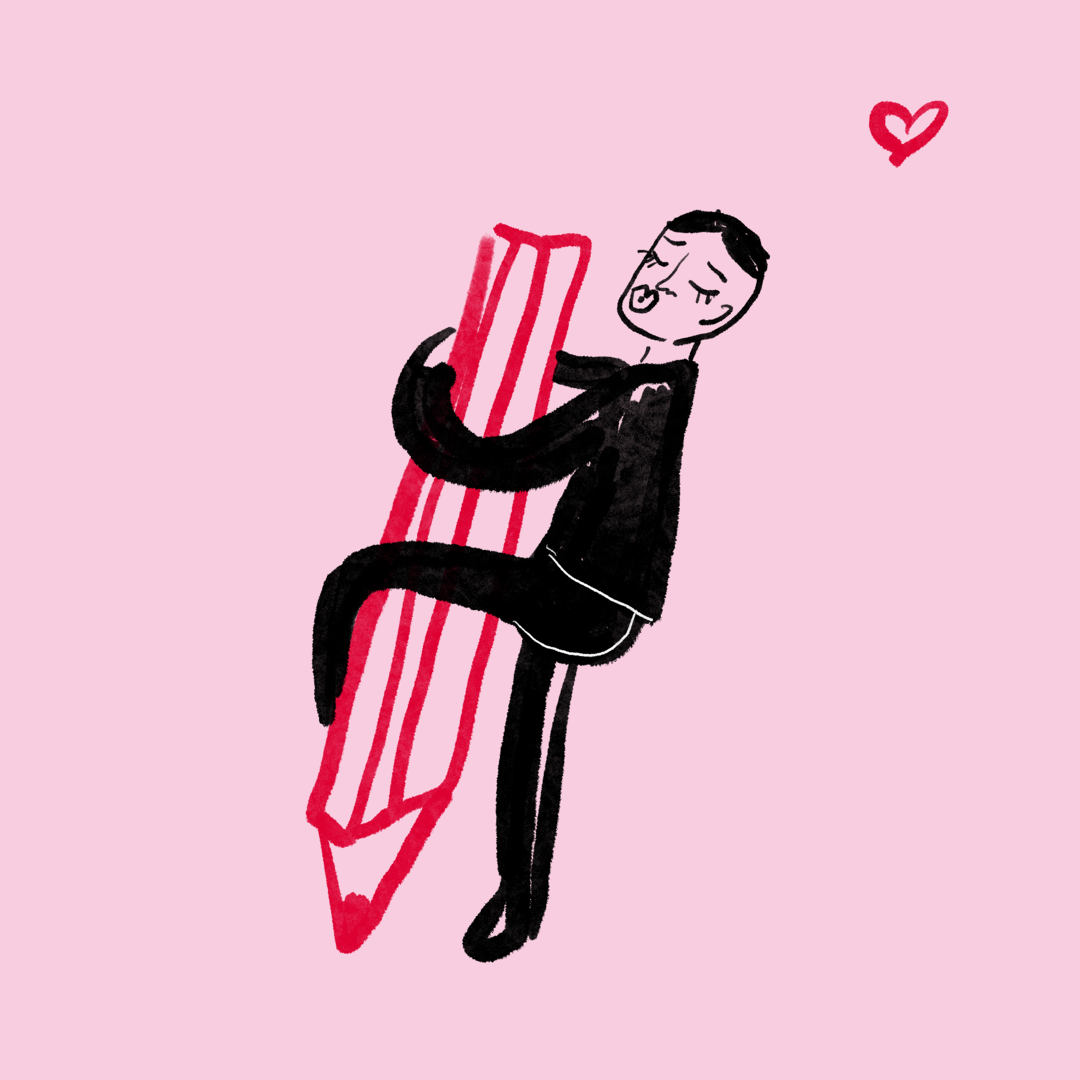 Een man omhelst een stempotlood. En een hartje erbij getekend