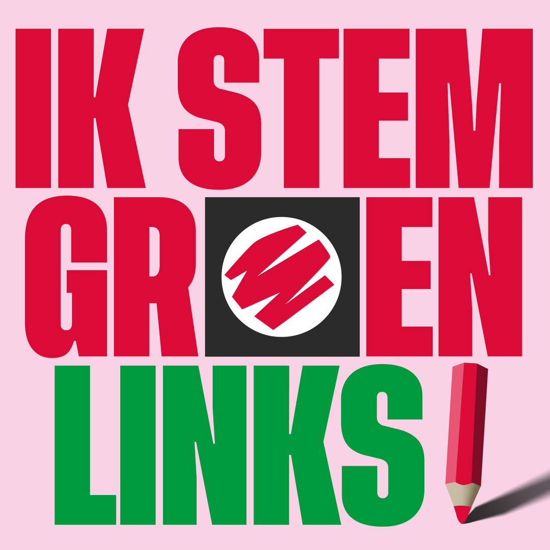 Een rode en groene tekst waarin staat Ik stem GroenLinks, en de letter o is in de vorm van een stemhokje. Aan het eind van de zin staat nog een stempotlood
