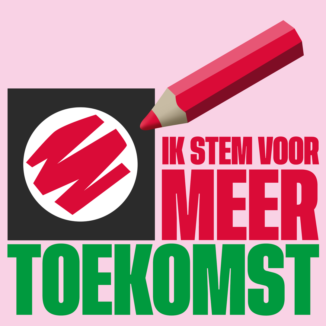 Een illustratie van een stemhokje met een stempotlood. Er staat een tekst bij 'Ik stem voor Meer Toekomst'