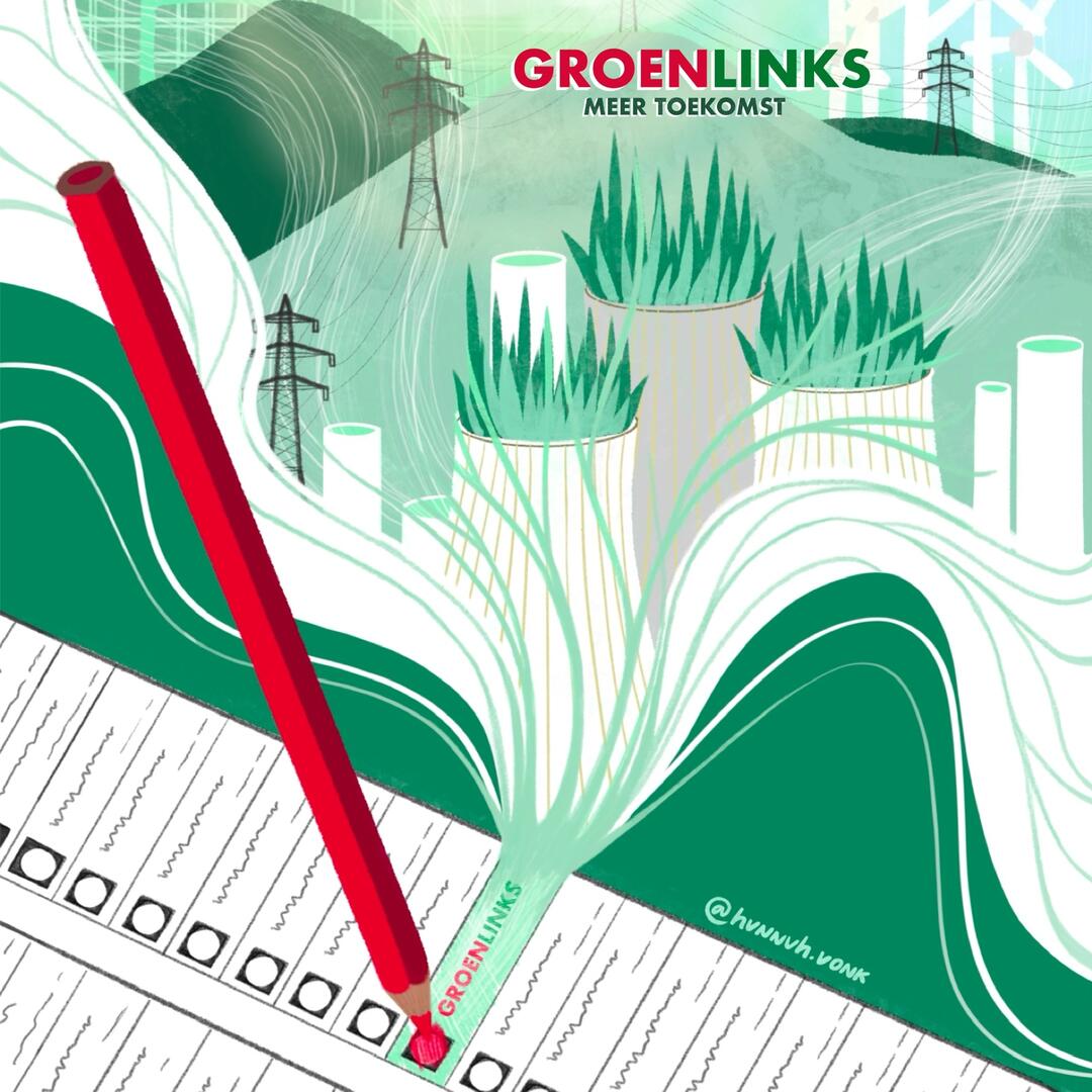 Een illustratie van een stempotlood en op het stembiljet vult ie het vakje GroenLinks rood. Vanuit het vakje ontstaat een wolk met allerlei toekomstbeelden over duurzame energie, windmolens en groene natuur.