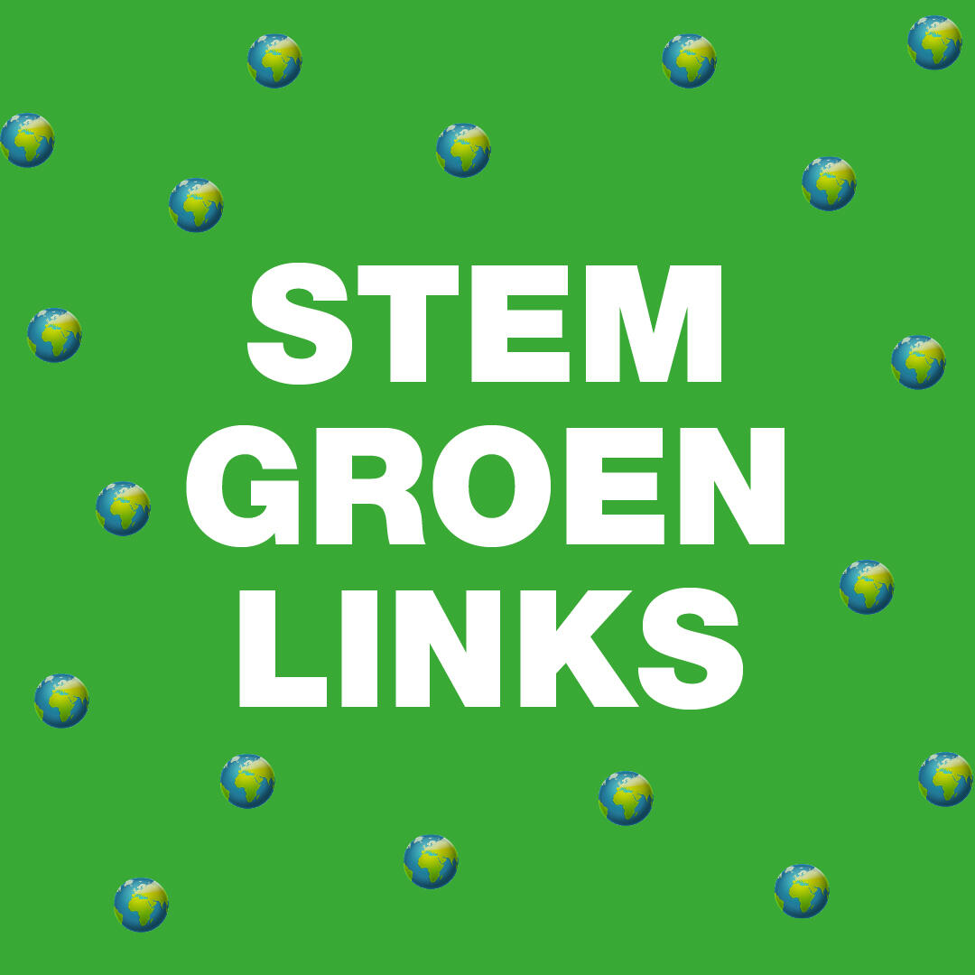 Een patroon van wereldbol emoji's met de tekst Stem GroenLinks