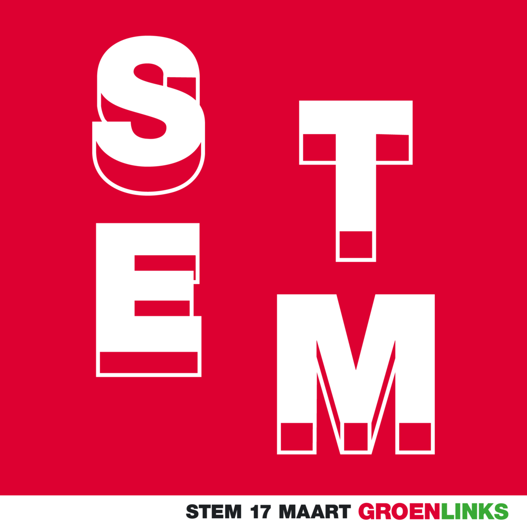 Rood vlak met de letters S T E M. En onderin staat Stem 17 maart GroenLinks