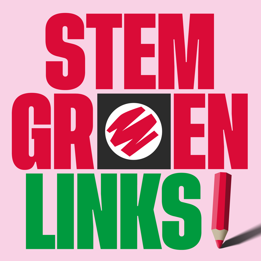 Een illustratie met de tekst Stem GroenLinks in rode en groene letters. De o van groen is een stemhokje, en er staat een stempotlood bij.