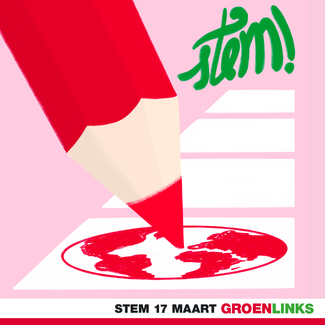 Een stempotlood die een wereldbol in het rood tekent, in een vakje. Met de tekst 'Stem!' erbij