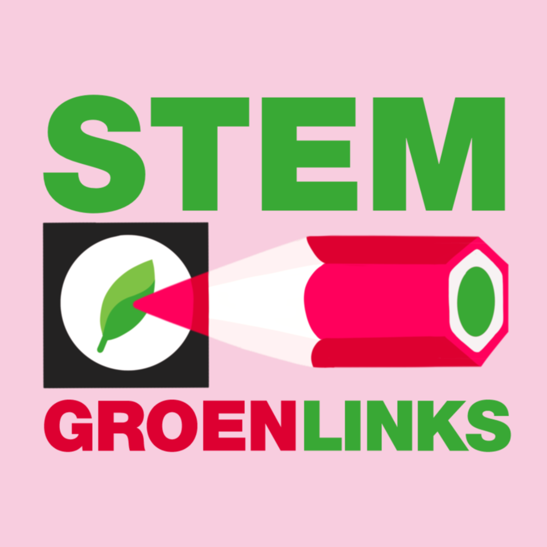 Een stempotlood die een blaadje tekent in een hokje. Met de tekst Stem GroenLinks erbij