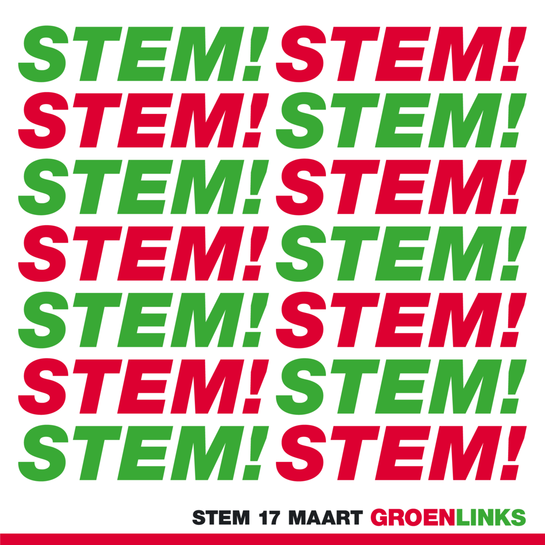 Een beeld met stem stem stem stem als patroon, in groene en rode letters