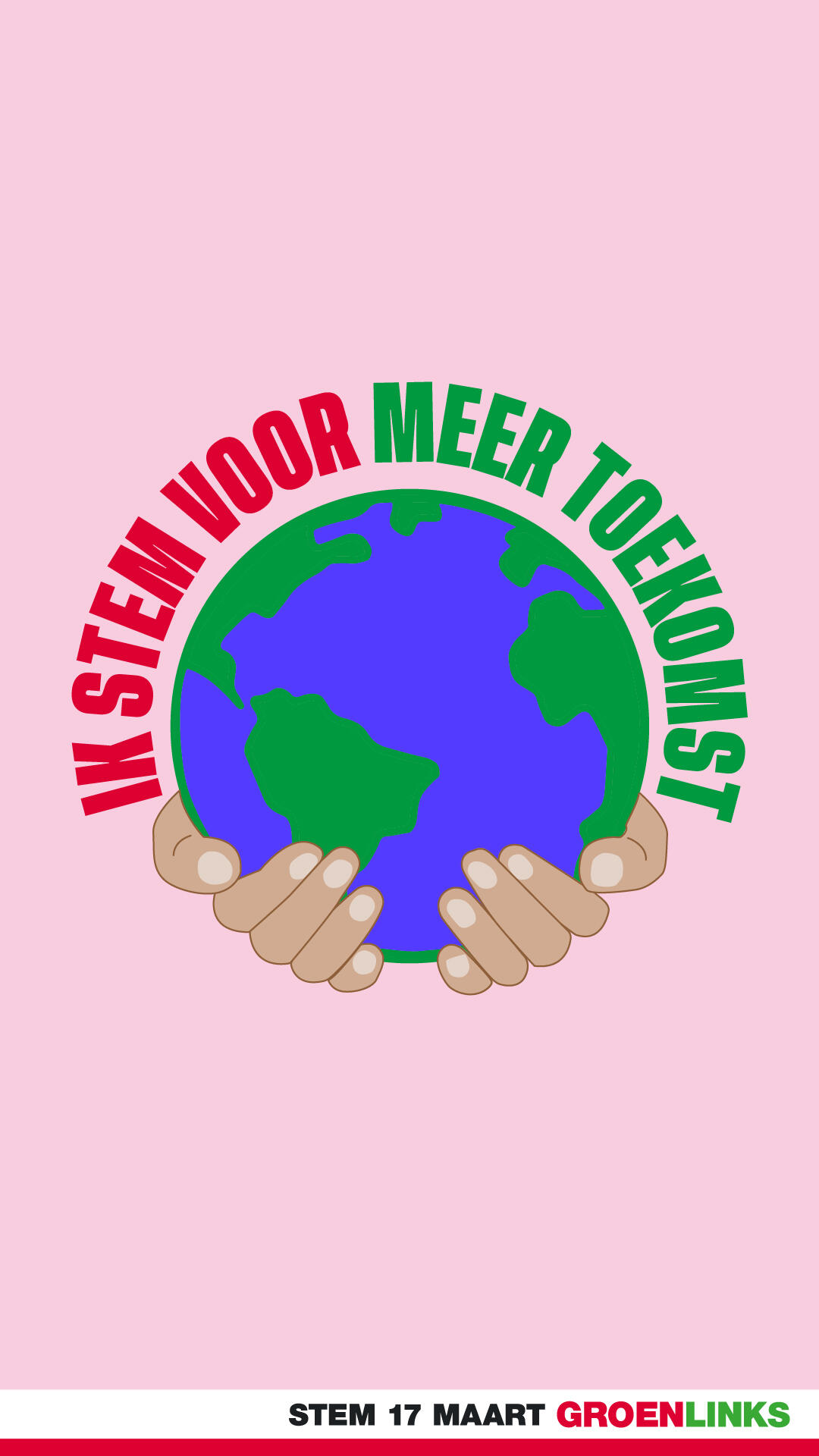 Een wereldbol met de tekst eromheen Ik stem voor Meer Toekomst op een roze achtergrond
