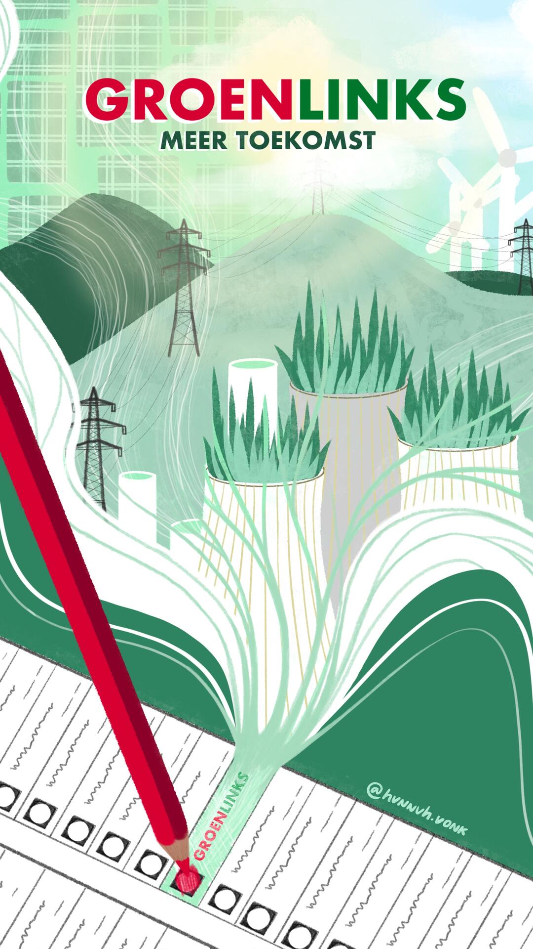 Een illustratie van een stempotlood en op het stembiljet vult ie het vakje GroenLinks rood. Vanuit het vakje ontstaat een wolk met allerlei toekomstbeelden over duurzame energie, windmolens en groene natuur.