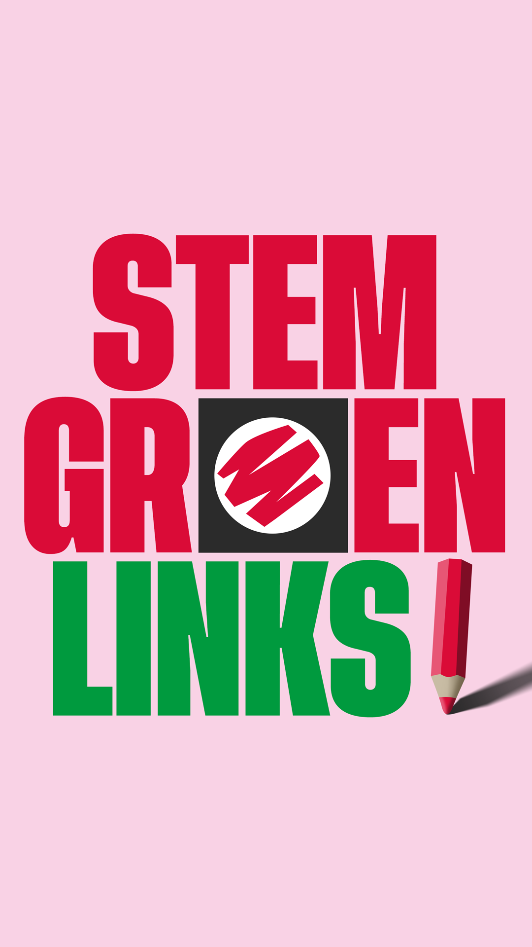 Een illustratie met de tekst Stem GroenLinks in rode en groene letters. De o van groen is een stemhokje, en er staat een stempotlood bij.