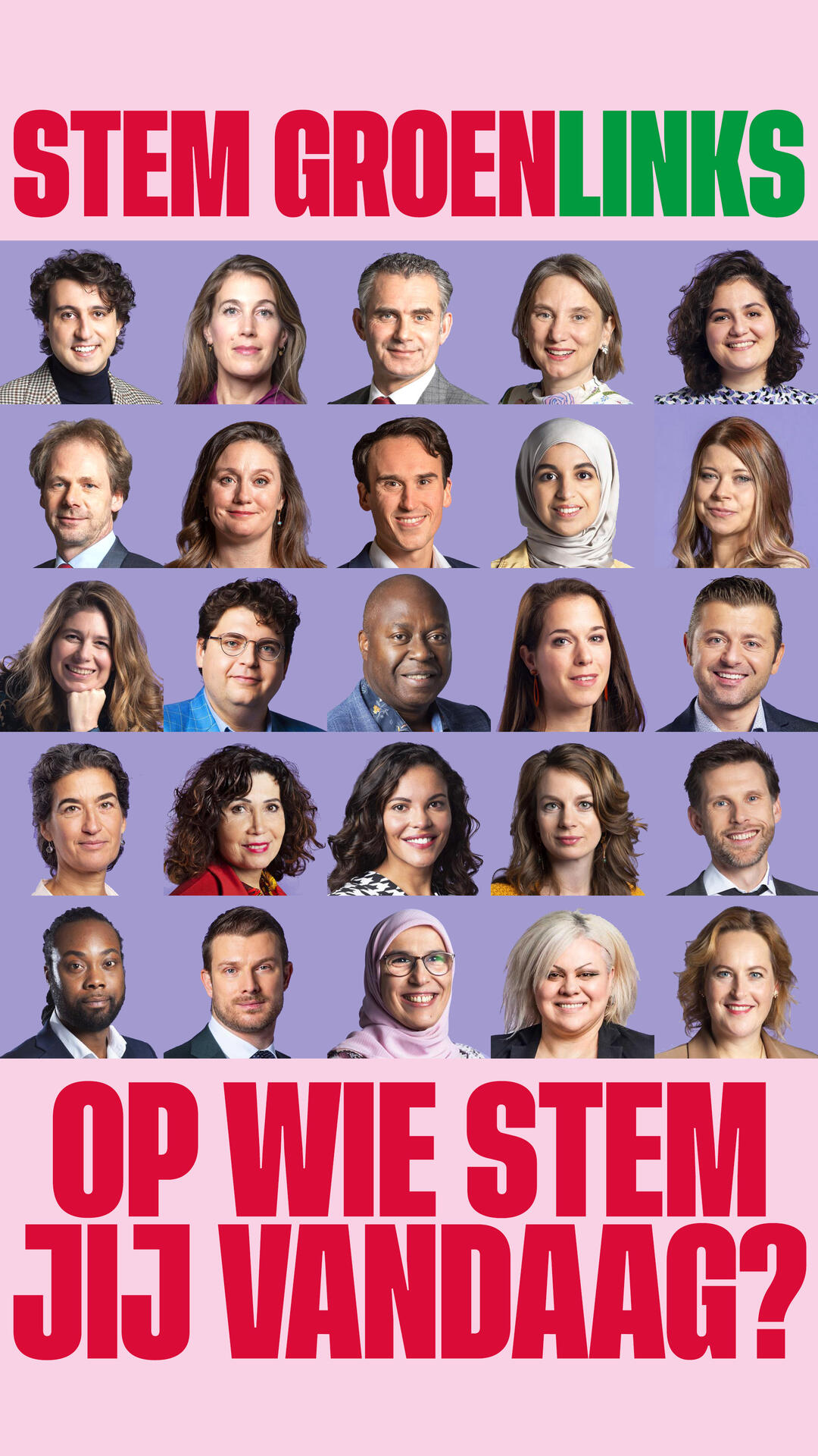 De 20 kandidaat kamerleden van GroenLinks in een collagefoto met Stem groenLinks erop