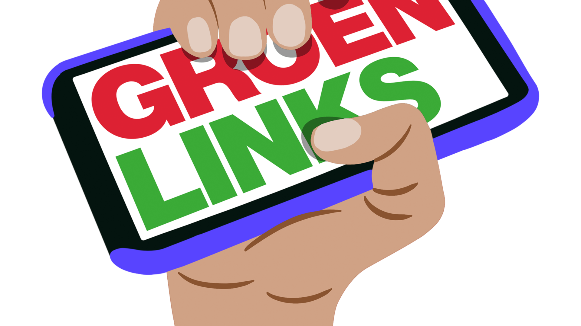 Een hand die een telefoon vasthoudt in de lucht met daarop het GroenLinks logo